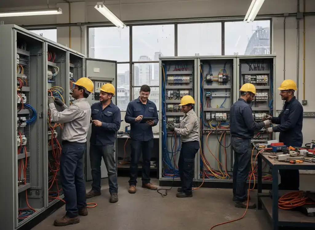 switchboard upgrades sydney: technicians in hard hats working on open switchboard cabinets in a workshop