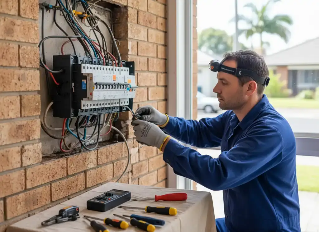 switchboard upgrades sydney: electrician in headlamp and gloves wiring a fuse box set into a brick wall