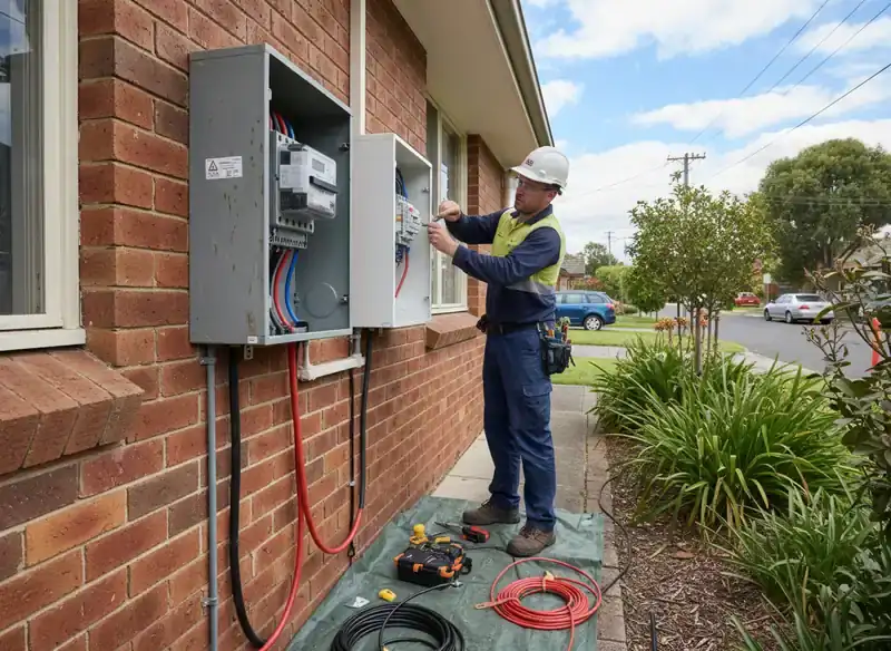 switchboard upgrades sydney: electrician in hard hat working on a meter box mounted on an outdoor brick wall