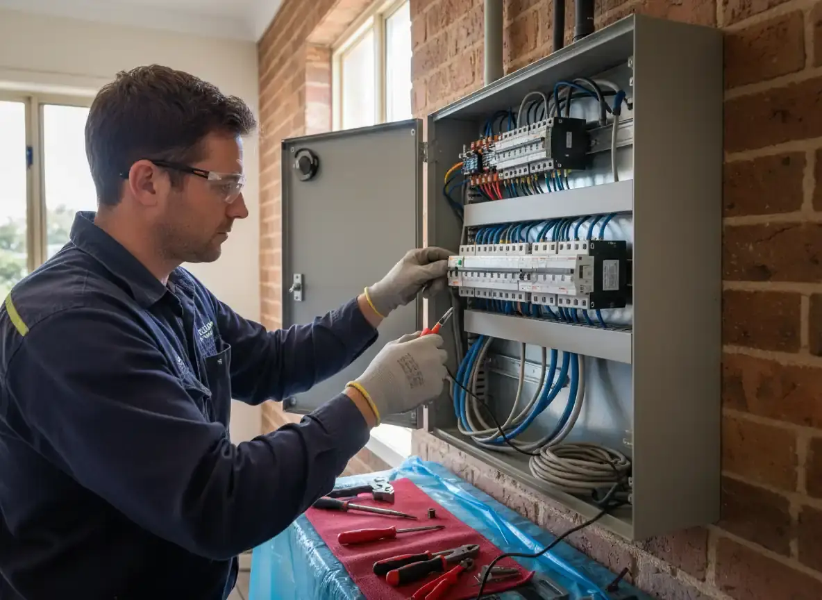 switchboard upgrades sydney: electrician in glasses working on wiring inside an open grey switchboard on a brick wall