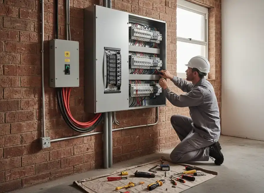 switchboard upgrades sydney: electrician kneeling by a grey switchboard with a safety switch box on brick wall