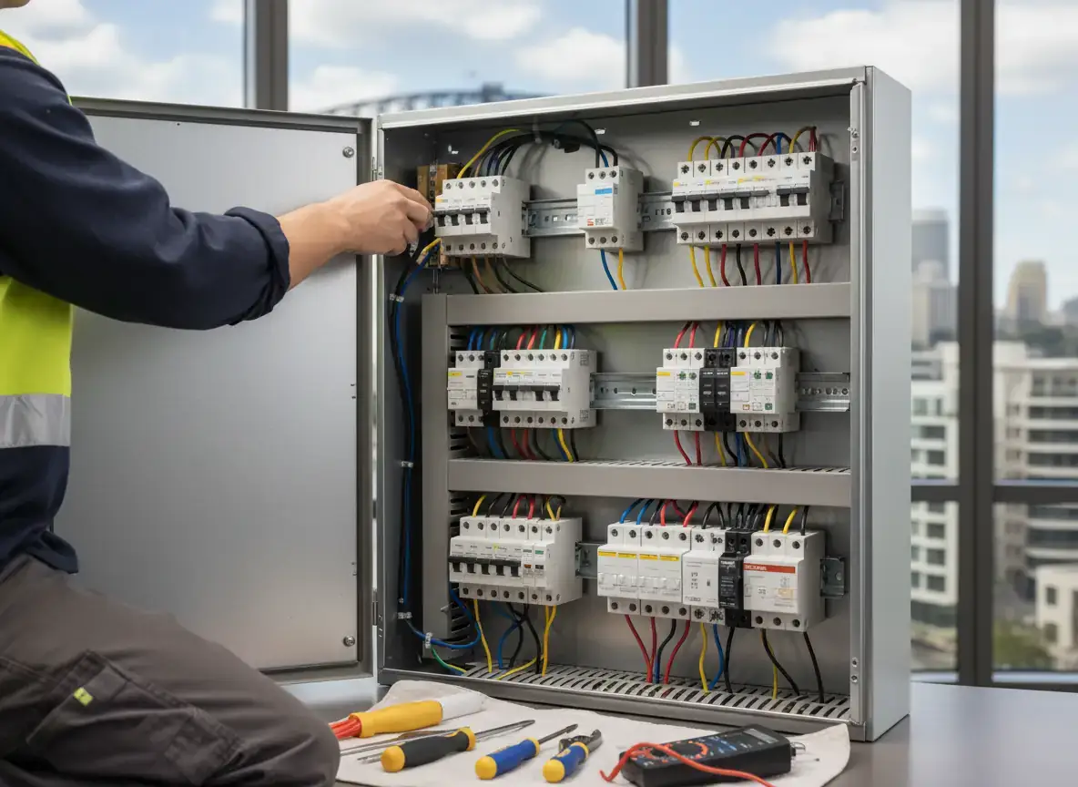 switchboard upgrades sydney: technician in hi-vis vest adjusting breakers in an open grey switchboard