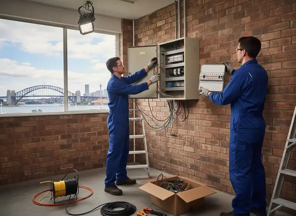 switchboard upgrades sydney: two technicians in blue overalls wiring a wall-mounted board with a ladder nearby