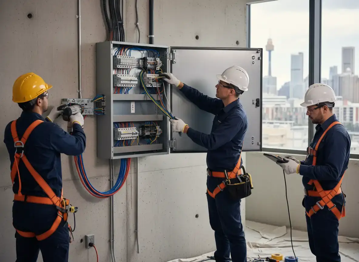 switchboard upgrades sydney: three technicians in safety harnesses working on a board on a concrete wall